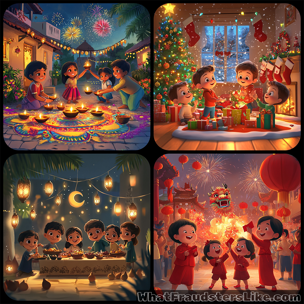 The image is a four-panel mosaic depicting different festive celebrations, including Diwali with diyas and fireworks, Christmas with presents under a tree, a moonlit Ramadan feast with lanterns, and a Chinese New Year celebration with a dragon dance and firecrackers.
